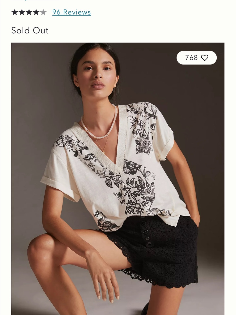 V-Neck Short Sleeve Tee with Black Floral Print in Ivory